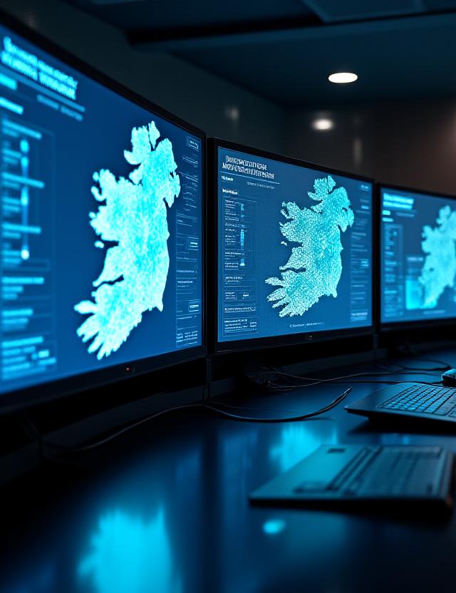 Industrial water delivery coordination center with monitors and logistics maps